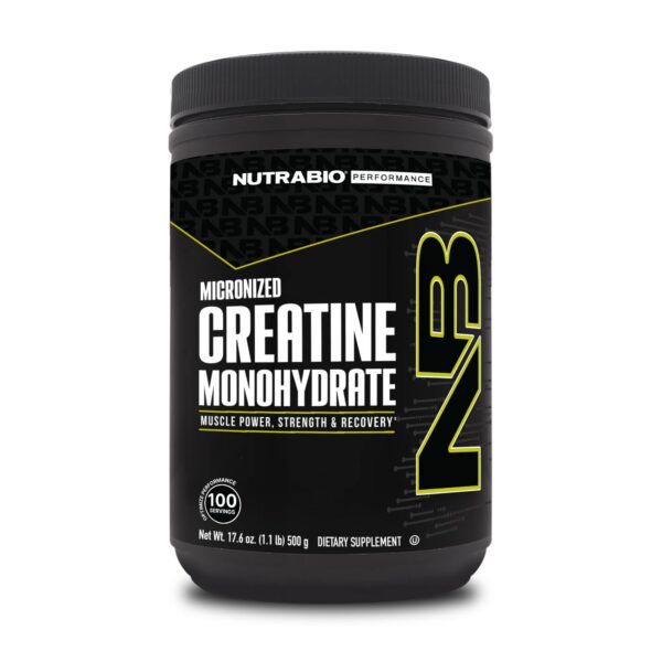 Frente de NutraBio Pure Creatine Monohydrate en polvo