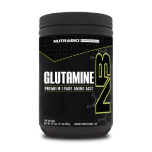 Frente del envase NutraBio L-Glutamina en polvo
