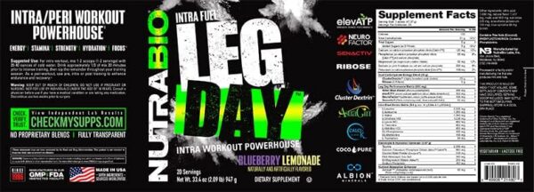 Etiqueta nutricional de Leg Day Intra Powder