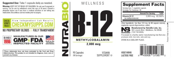 Version 1.0.0 NutraBio Methyl B-12 para salud celular frasco capsulas