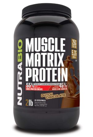 Frente del envase NutraBio Muscle Matrix chocolate holandés