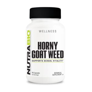 Frasco suplemento NutraBio Hierba de Cabra 500mg 90 cápsulas