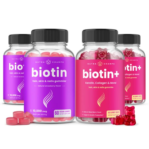 Frasco NutraChamps Biotin & Biotin+ gomitas frente
