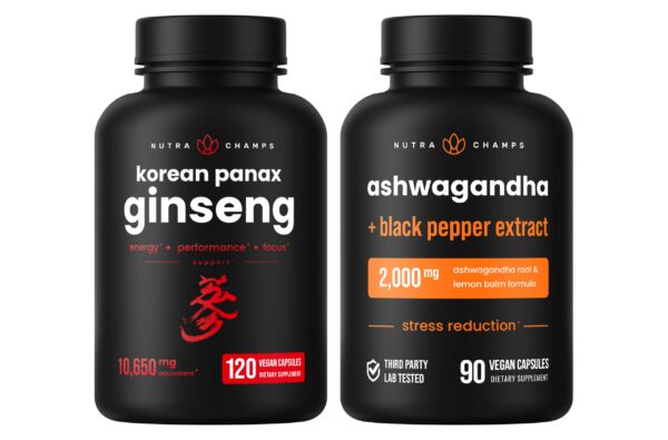 NutraChamps cápsulas ginseng coreano y ashwagandha paquete vista frontal