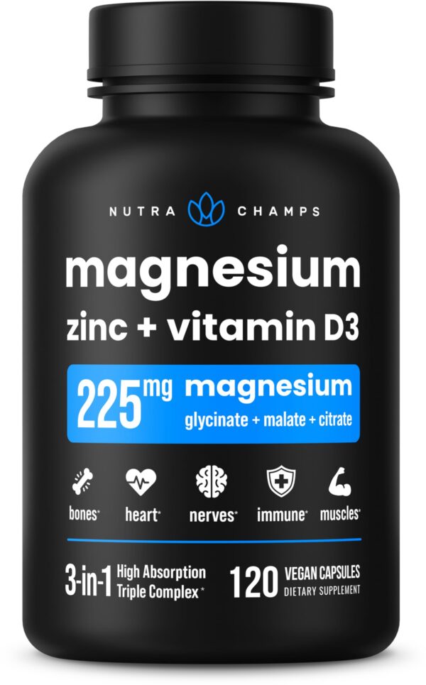 Envase frontal NutraChamps Magnesio Zinc Vitamina D3 cápsulas veganas