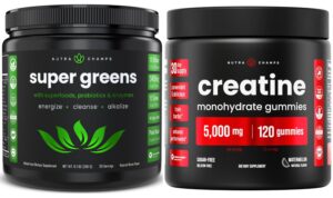 Frente de etiqueta NutraChamps Super Greens y Creatine Gummies