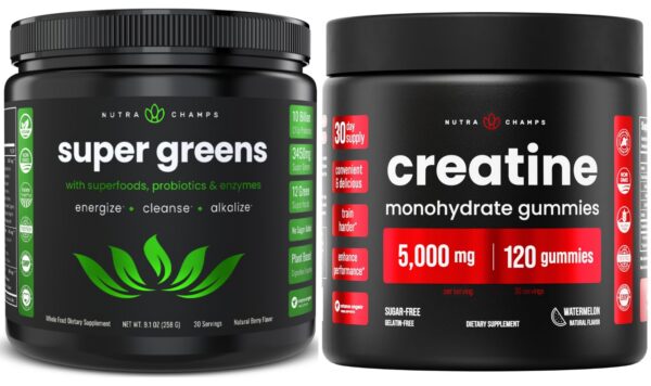 Frente de etiqueta NutraChamps Super Greens y Creatine Gummies