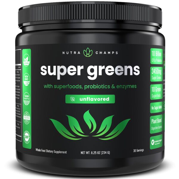 NutraChamps Super Greens polvo orgánico en envase