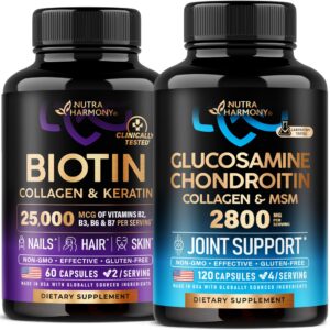 Frasco de cápsulas NutraHarmony Biotina Colágeno Queratina