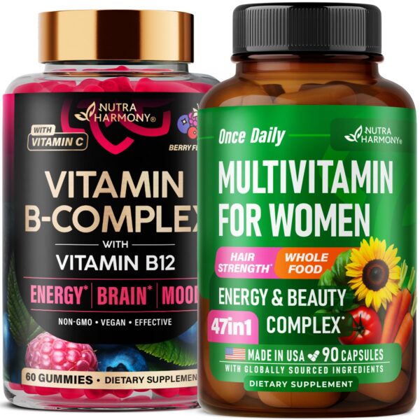 NUTRAHARMONY gomitas con complejo de vitamina B y multivitaminas para mujeres, etiqueta frontal