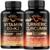 Frasco de cápsulas Vitamin D3 K2 y Cúrcuma Curcumina