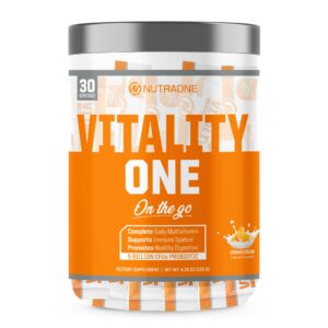 NutraOne VitalityOne multivitamínico paquete naranja crema 30 dosis