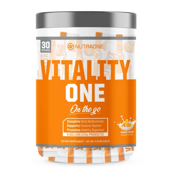 NutraOne VitalityOne multivitamínico paquete naranja crema 30 dosis