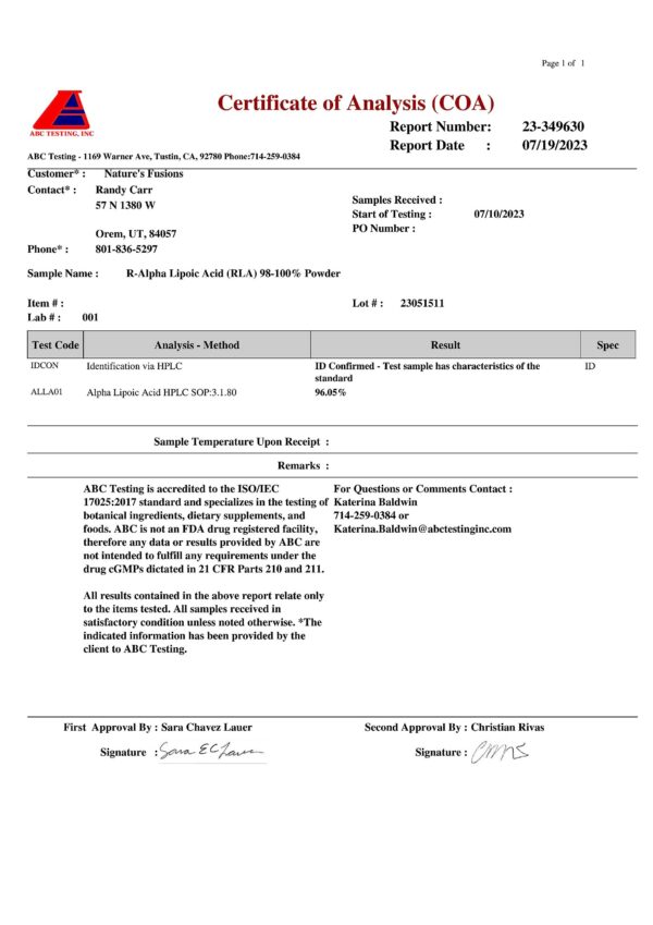 Biotin included in R Alpha Lipoic Acid bottle