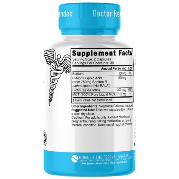 Close-up of RALA 600mg capsule bottle label