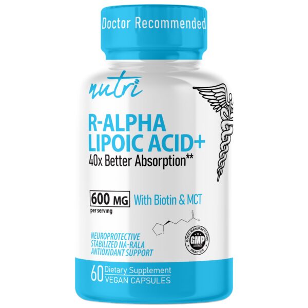 Bottle of Nutri R Alpha Lipoic Acid 600mg capsules