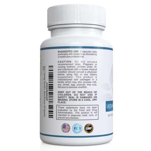 Frente lateral de la botella Nutri + Synergy Thyroid Support