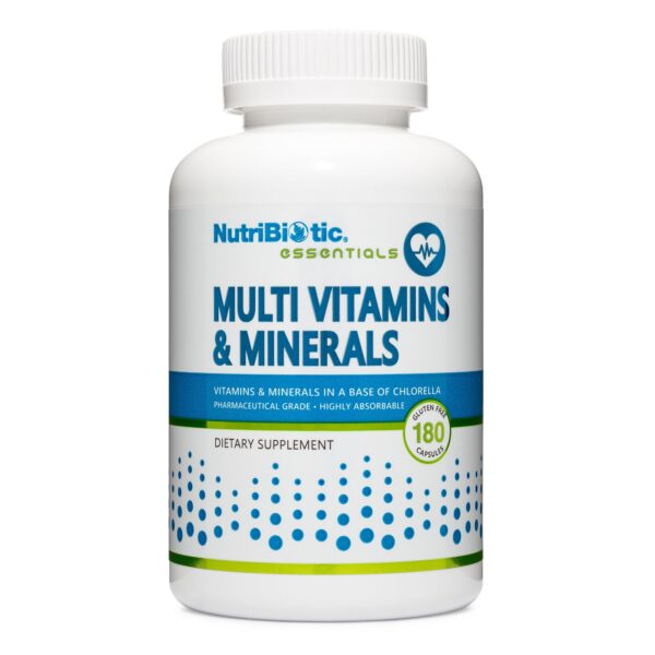 Frasco de NutriBiotic multivitamínico y minerales 180 cápsulas