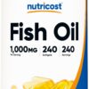 Botella de Nutricost Fish Oil Omega 3 softgels con 240 cápsulas
