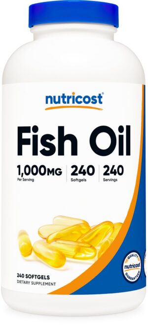 Botella de Nutricost Fish Oil Omega 3 softgels con 240 cápsulas