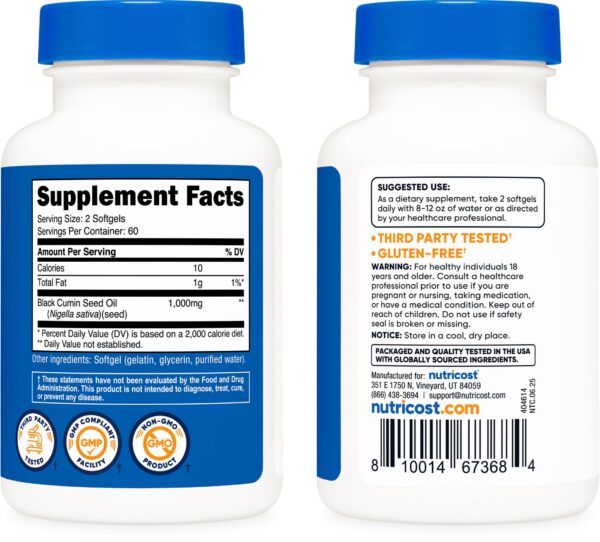 Frasco y cápsulas de aceite de semilla negra en envase