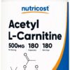 Botella de Nutricost Acetil L-Carnitina 500mg con 180 cápsulas