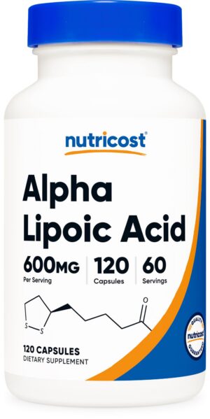 Frente de botella Nutricost ácido alfa-lipoico 600 mg