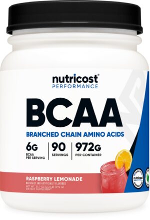 Frente del envase Nutricost BCAA Powder 2:1:1 Limonada Frambuesa