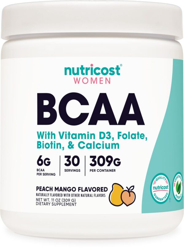 Version 1.0.0 Frasco de Nutricost BCAA polvo durazno-mango