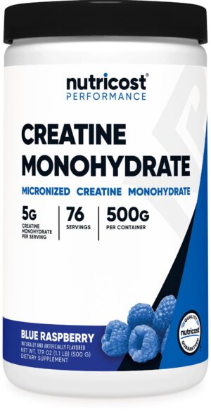 Frente del envase Nutricost Creatina Monohidratada sabor Frambuesa Azul