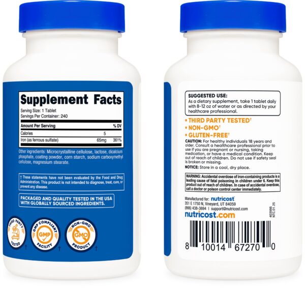 Frente de etiqueta Nutricost Hierro 65 mg