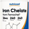 Frasco Nutricost Hierro Ferrochel 36 mg, 240 cápsulas