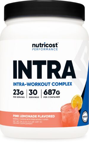Frasco Nutricost Intra-Workout Powder con etiqueta Pink Lemonade