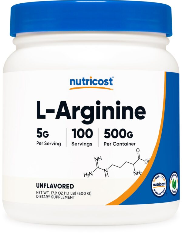Frontal del envase de Nutricost L-arginina