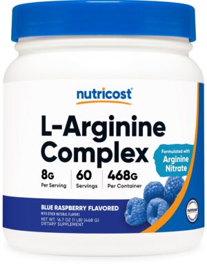 Frasco de Nutricost L-Arginine Complex con etiqueta azul