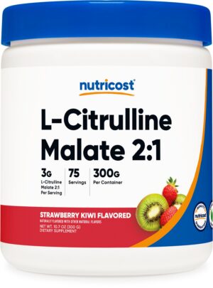 Frasco de Nutricost L-Citrulline Malate 2:1 sabor fresa kiwi