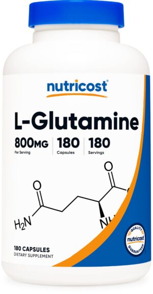 Frente del frasco Nutricost L-Glutamina 800 mg