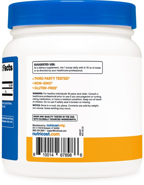 Información nutricional y etiqueta Nutricost L-Glutamine Peach Mango 500 g