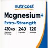 Botella Nutricost Magnesium+ 420mg extra fuerte 240 cápsulas