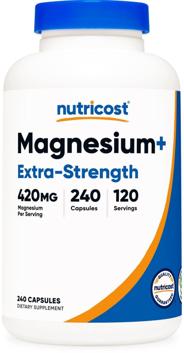 Botella Nutricost Magnesium+ 420mg extra fuerte 240 cápsulas