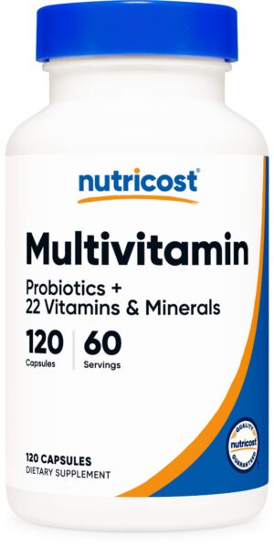 Frasco Nutricost multivitaminas con probióticos 120 cápsulas