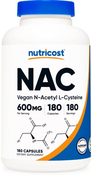 Frasco de Nutricost N-Acetil L-Cisteína 600mg 180 cápsulas