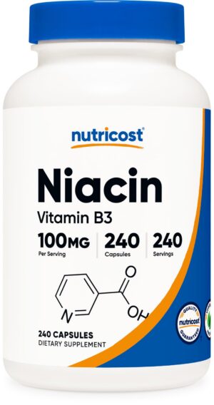 Botella Nutricost Niacina 100 mg 240 cápsulas vitamin b3
