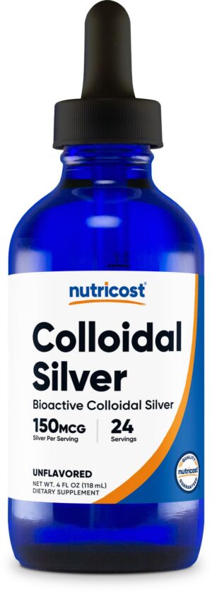 Botella de plata coloidal Nutricost de 4 oz con etiqueta visible