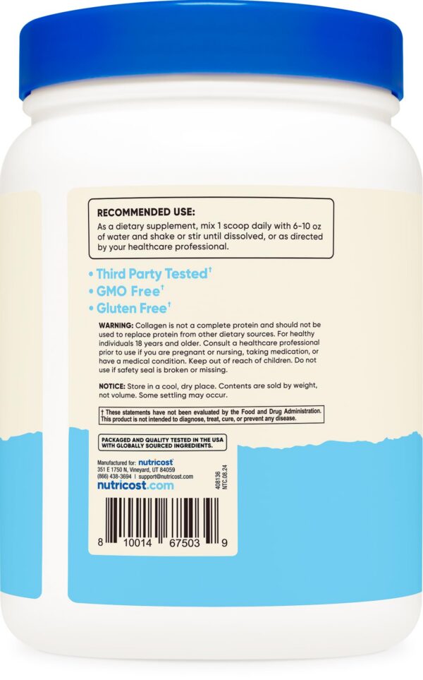 Frasco de colágeno Nutricost en primer plano