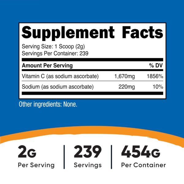 Etiqueta frontal del polvo Nutricost ascorbato de sodio