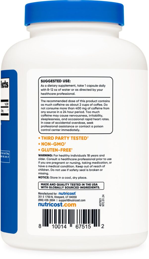 Nutricost suplemento cafeína vegano sin azúcar y sin gluten