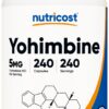 Frasco de Nutricost Yohimbina HCl 5mg 240 cápsulas sin gluten