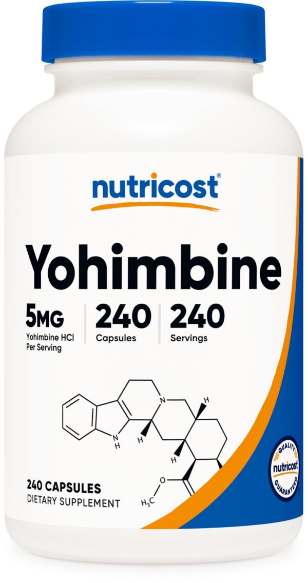 Frasco de Nutricost Yohimbina HCl 5mg 240 cápsulas sin gluten