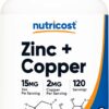 Frasco frontal Nutricost zinc cobre cápsulas